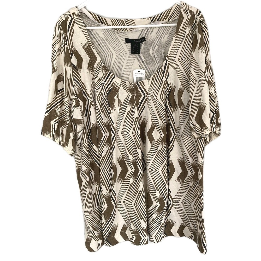 Calvin Klein Jeans Blouse Women 3X Brown Geometric Scoop Neck Jersey Knit NWT